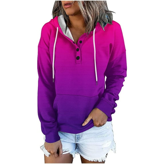Hoodies for Womens Plus Size Color Block Long Sleeve Blouse Casual Loose Sweatershirt Button Down Drawstring Hoodies Tops with Pockets,Hot Pink,2XL