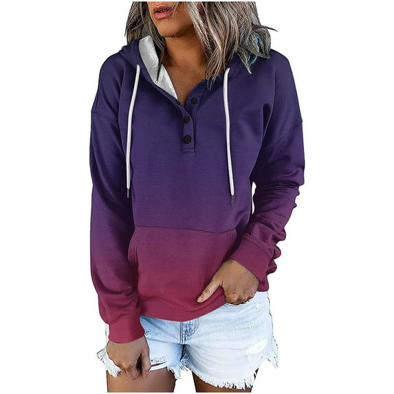 Hoodies for Womens Plus Size Color Block Long Sleeve Blouse Casual Loose Sweatershirt Button Down Drawstring Hoodies Tops with Pockets,Purple,L