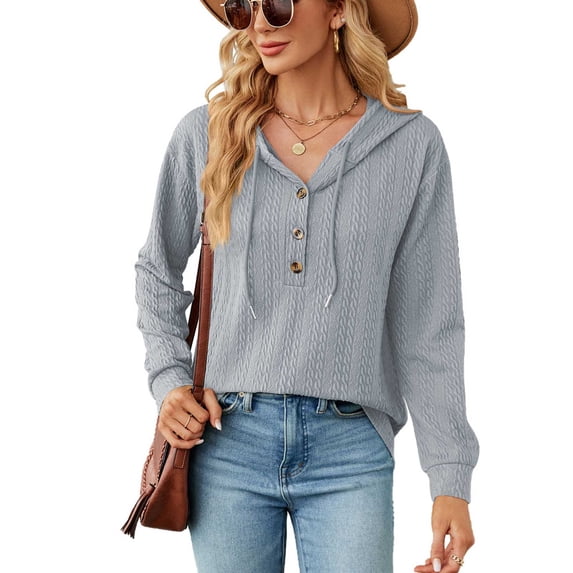 Hoodies for Womens Tops Plus Size Fashion New Solid Hooded Button Loose Long Sleeve Tops Sweater Up to 65% off