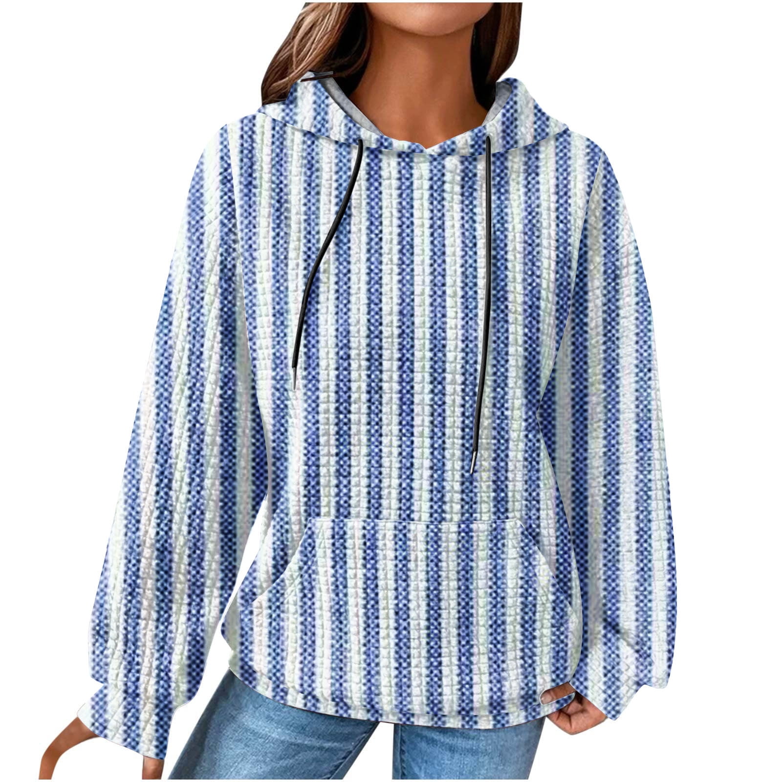 Hoodies for Womens,Womens 2023 Striped Print Waffle Weave Hoodie Winter
