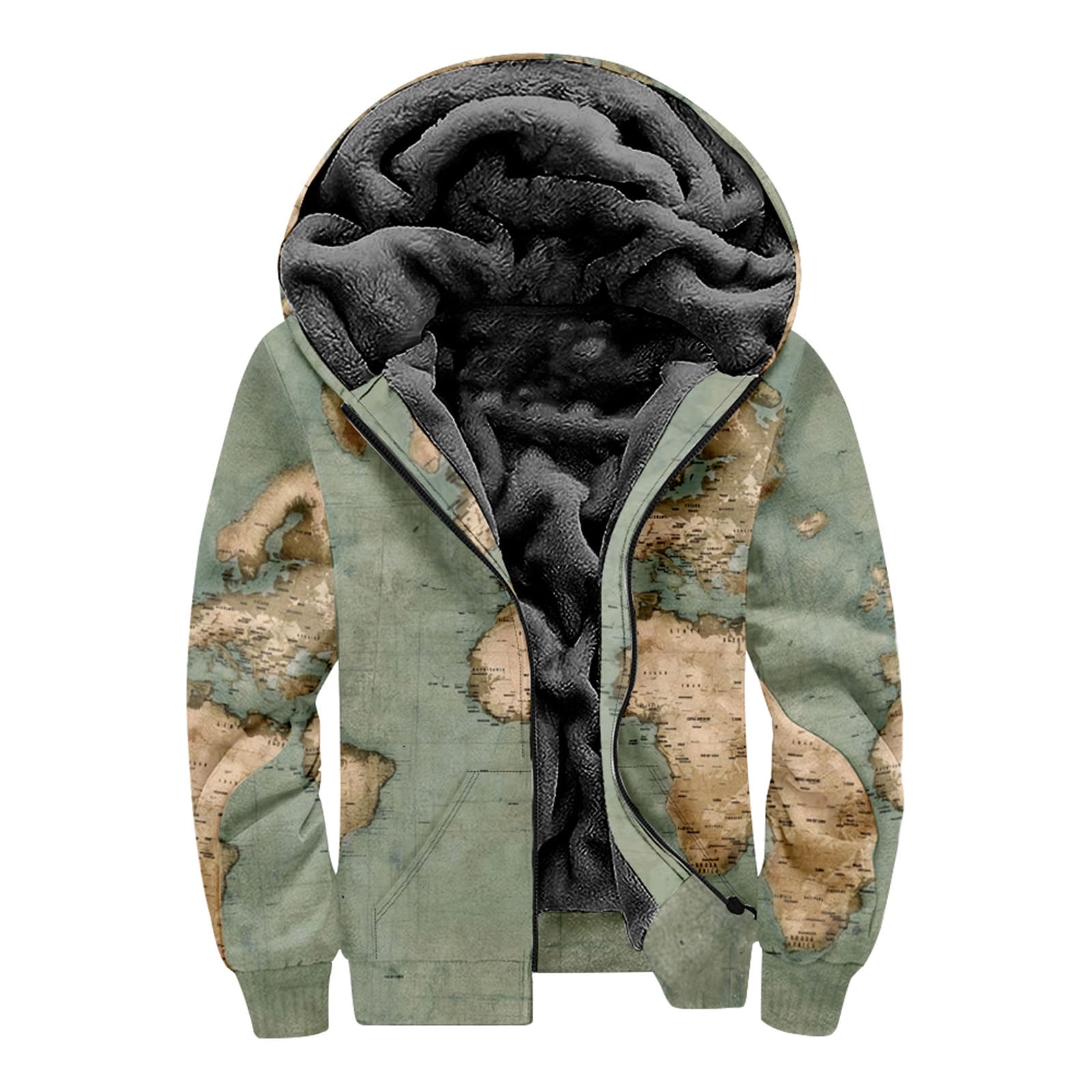 Hoodies for men Full Zip Up Winter Sweatshirt Printed Fleece Warm Coats Army Green Size M