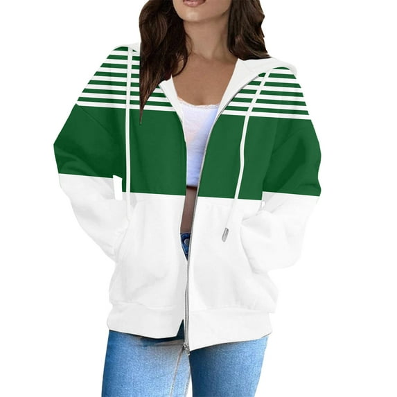 Hoodies for women Drawstring Long Sleeve Color Block Zipped Hooded Sweatshirts Loose Fit Jackets Y2K Clothes with Pockets