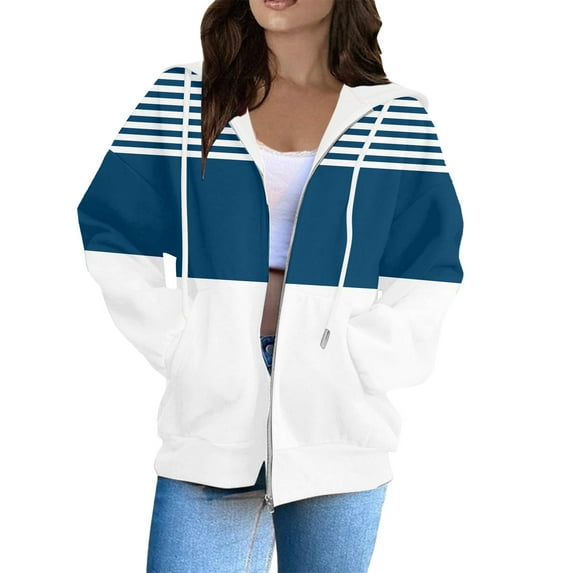 Hoodies for women Drawstring Long Sleeve Color Block Zipped Hooded Sweatshirts Loose Fit Jackets Y2K Clothes with Pockets