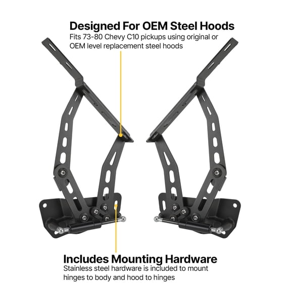 Hoodini Smooth Hood Hinges Compatible with 1973-1980 Chevy C10/K10 Pickup & Blazer, Heavy-Duty Steel with Gas Strut Assist, Adjustable OEM-Style Replacement Hinges