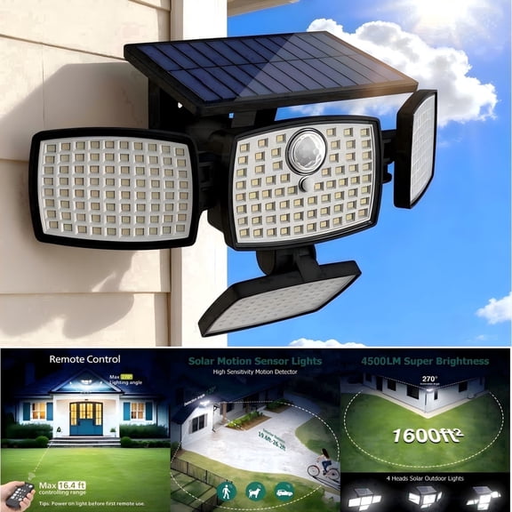 Hoodink 4500LM 306LED Solar Outdoor Security Light, Motion Sensor, 4 Heads, 270° Wide Angle, 3 Modes, IP65 Waterproof, Remote Control for Yard/Backyard
