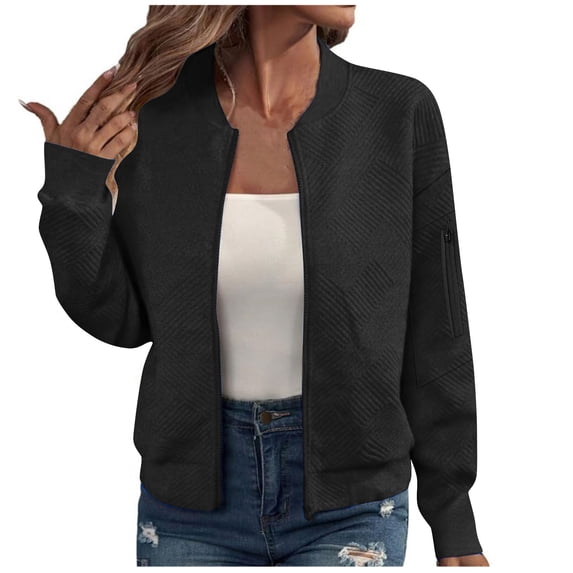 Hoodless Jackets Womens Zip Up Bomber Coats Jacquard Textured Zipped Pocket Long Sleeve Solid Casual Fall Outerwear (XL, Black)