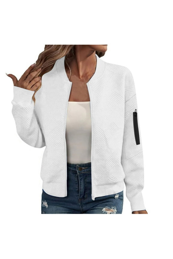 Hoodless Jackets Womens Zip Up Bomber Coats Jacquard Textured Zipped Pocket Long Sleeve Solid Casual Fall Outerwear (XL, White)