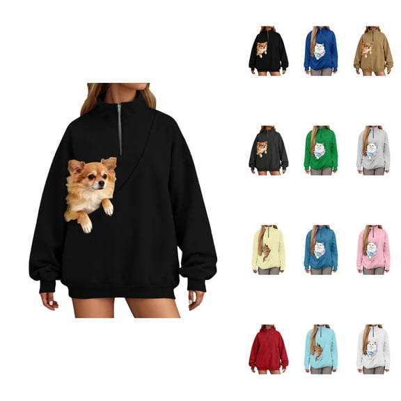 Hoodless Quarter Zip Sweatshirt with Pouch, Women's Soft Pullover with Kangaroo Pocket for Cats & Small Dogs, Casual Loungewear Top