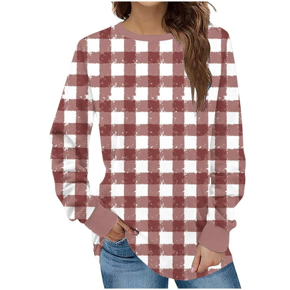Hoodless Sweatshirt for Women Plaid Shirts Casual Long Sleeve Round Neck Printed Tunic Tops Sweatshirt
