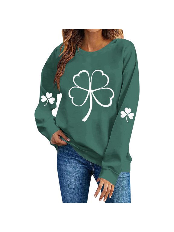 Hoodless Sweatshirt for Women Round Neck St. Patrick's Day Printed Long-sleeved Sweater Top Without A Hood