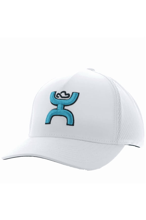 Mens "Coach" Flexfit, Water & Sweat Resistant White Hat Cap Teal Logo (L/XL)