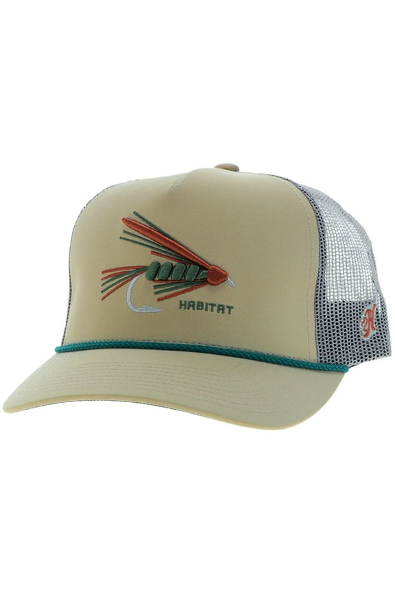 Mens Habitat Fishing Lure Adjustable Snapback Trucker Cap Hat, Tan/Grey