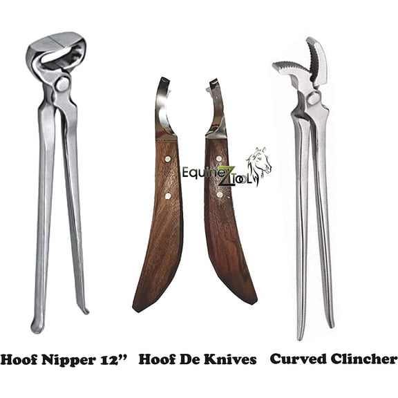 Hoof Nipper 12" with Hoof Curved Jaw Clincher & Farrier Hoof Knives Set