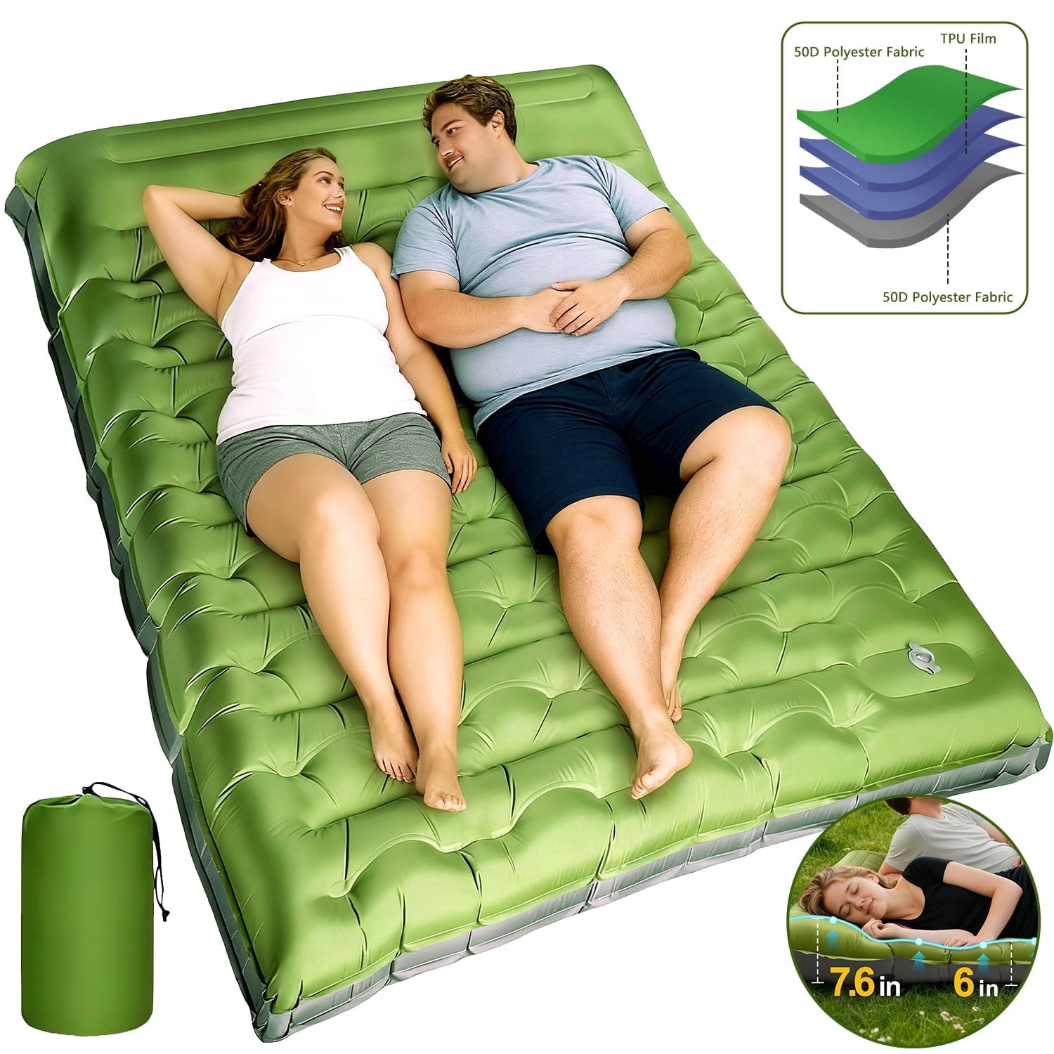 Double Camping Sleeping Pad, 6" Extra Thick Inflatable Sleeping Mat with Pillows, Built-in Foot Pump, Ultralight Air Mattress for Tent Hiking Essentials Gear