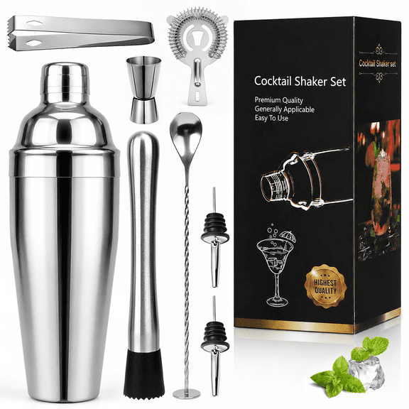 Hoofun Cocktail Shaker Set, 8 Pcs Professional Bar Set, Shaker, Jigger, Strainer, Mixer Spoon, Muddler, Gift for Christmas, Birthday, Beginners