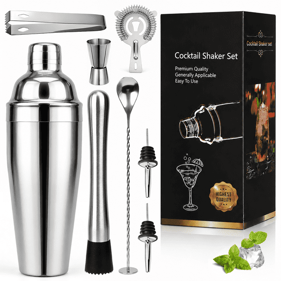 Hoofun Cocktail Shaker Set, 8 Pcs Professional Bar Set, Shaker, Jigger, Strainer, Mixer Spoon, Muddler, Gift for Christmas, Birthday, Beginners