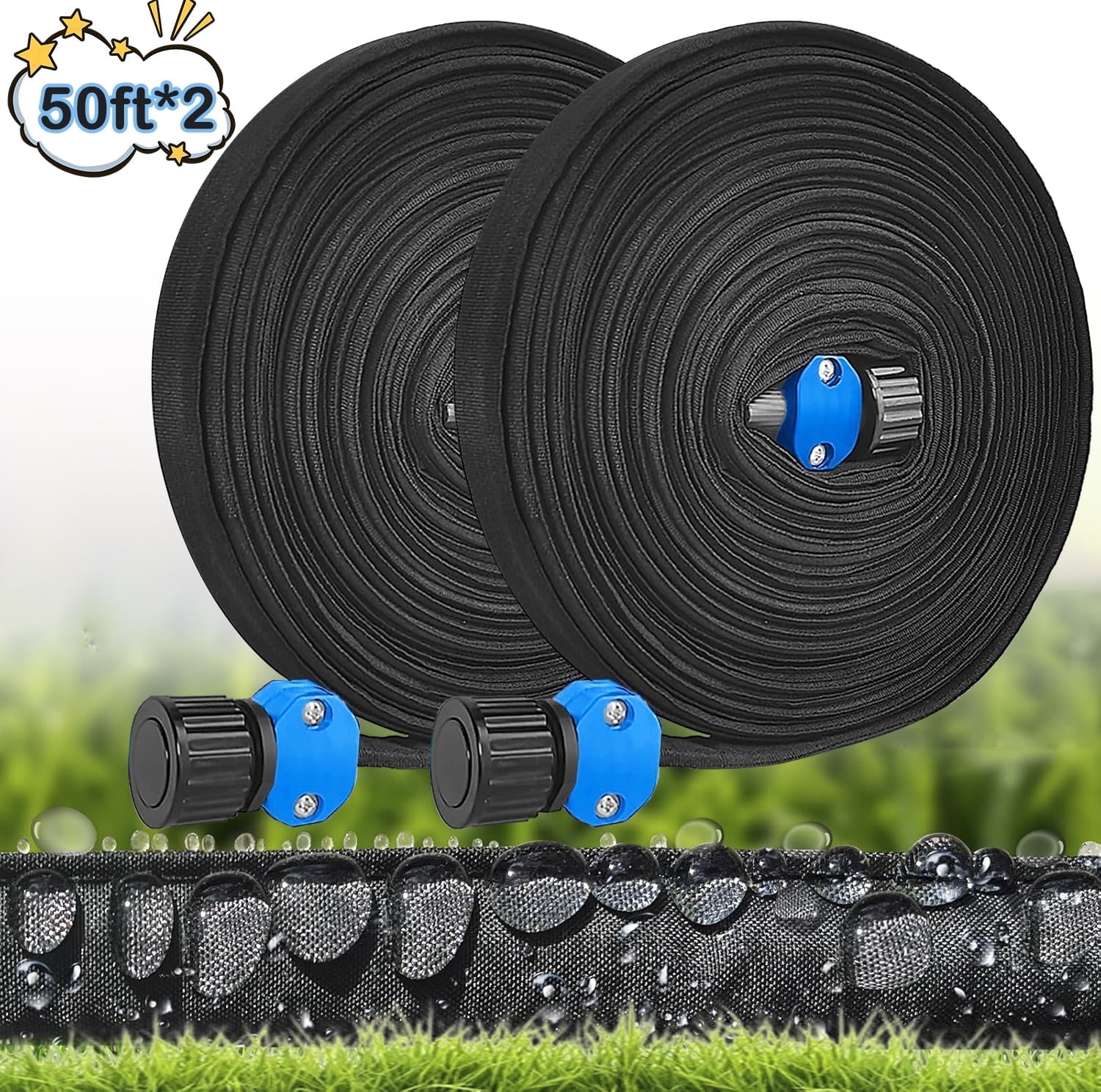 Flat Soaker Hose 50ft 2 Pack for Garden Beds, 50ft 1/2" Linkable Consistent Drip Irrigation Hose Save 80% Water, Leakproof Heavy Duty Double Layer Sprinkler Hose Black