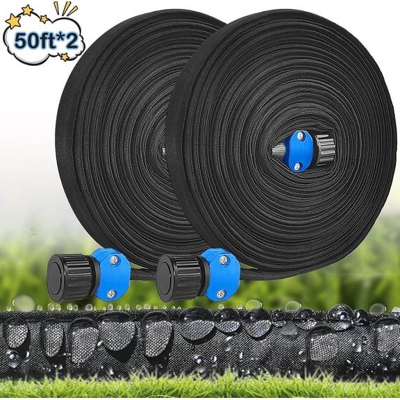 Flat Soaker Hose 50ft 2 Pack for Garden Beds, 50ft 1/2" Linkable Consistent Drip Irrigation Hose Save 80% Water, Leakproof Heavy Duty Double Layer Sprinkler Hose Black