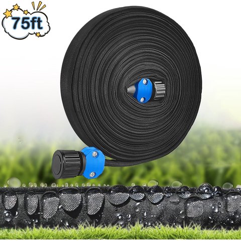 Flat Soaker Hose 75ft - Heavy Duty Expandable Drip Irrigation System for Large Gardens, Saves 80% Water Linkable, Leakproof UV-Resistant 1/2" Diameter, Black
