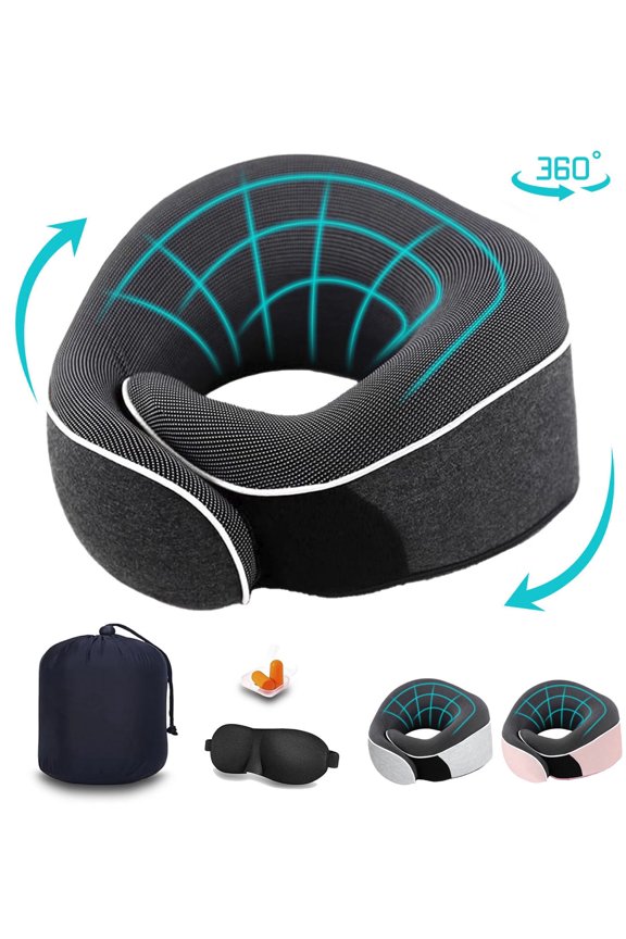 Travel Pillow, Memory Foam Travel Neck Pillow, Adjustable 360° Ergonomic Support Function for Travel with Pillow, Mask, Earplugs, Storage Bag