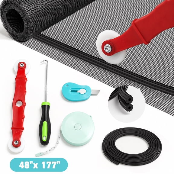 PUCACHI Window Screen Replacement Kit, 48in x 177in Window Screen with Rolling Tool/Hook/Ruler/Cutter/Spline, for Windows Doors Patio and Porch Replacement