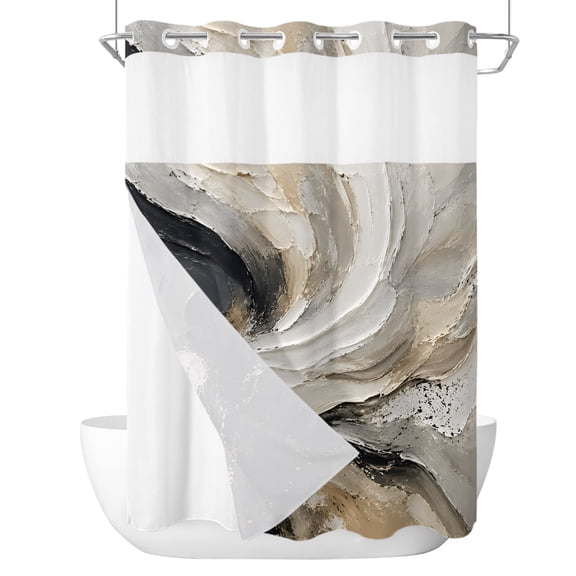 No Hook Beige Black Shower Curtain with Snap in Liner Set, Abstract Ocean Waves Fluid Art Modern Simple Waterproof Fabric Bathroom Curtains with See Through Top Window, Hotel Style Stall 48 x 72 Inch