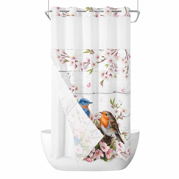 No Hook Birds Floral Shower Curtain with Snap in Liner Set, Farmhouse Country Pink Flower Leaf Wood Grain Waterproof Bathroom Curtains with See Through Top Window, Hotel Style Small 36 x 78 Inch