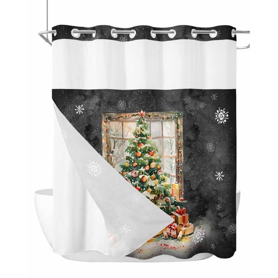 No Hook Black Christmas Tree Shower Curtain with Snap in Liner Set, Watercolor Xmas Snowflake Waterproof Fabric Bathroom Curtains with See Through Top Window, Hotel Style Modern 66 x 72 Inch