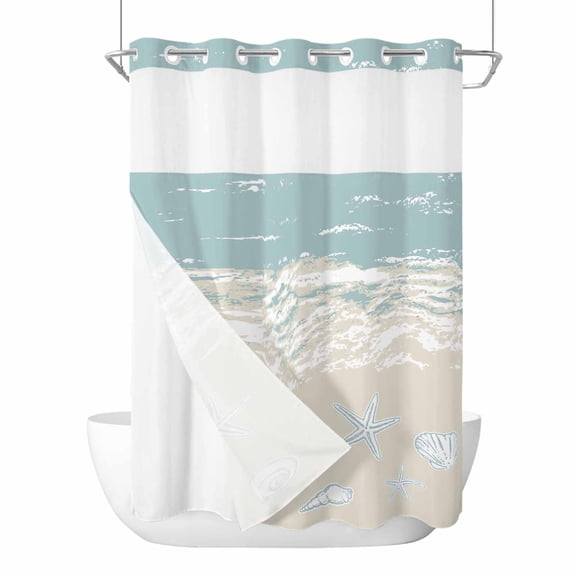 No Hook Blue Coastal Starfish Shower Curtain with Snap in Liner Set, Summer Beach Ocean Abstract Art Waterproof Fabric Bathroom Curtains with See Through Top Window, Hotel Style Stall 48 x 72 Inch