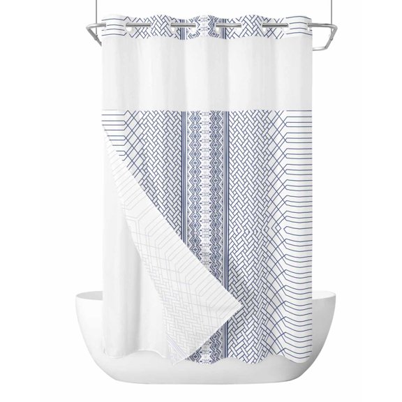 No Hook Blue Geometric Shower Curtain with Snap in Liner Set, Modern Blue Striped Abstract Art Waterproof Fabric Bathroom Curtains with See Through Top Window, Hotel Style Small 36 x 72 Inch