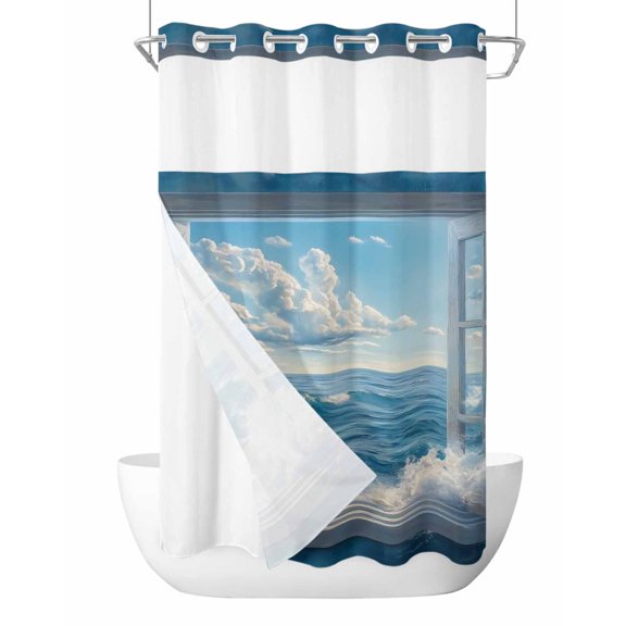No Hook Blue Sky Ocean Shower Curtain with Snap in Liner Set, Coastal Sea Waves Summer Window Scenery Waterproof Fabric Bathroom Curtains with See Through Top Window, Hotel Style Small 36 x 72 Inch