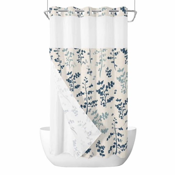 No Hook Blue Teal Botanical Shower Curtain with Snap in Liner Set, Rustic Country Spring Floral Summer Leaf Waterproof Bathroom Curtains with See Through Top Window, Hotel Style Small 36 x 72 Inch