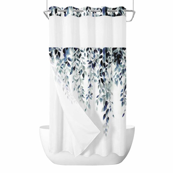 No Hook Blue Teal Eucalyptus Shower Curtain with Snap in Liner Set, Weeping Botanical Leaf Watercolor Waterproof Fabric Bathroom Curtains with See Through Top Window, Hotel Style Small 36 x 78 Inch