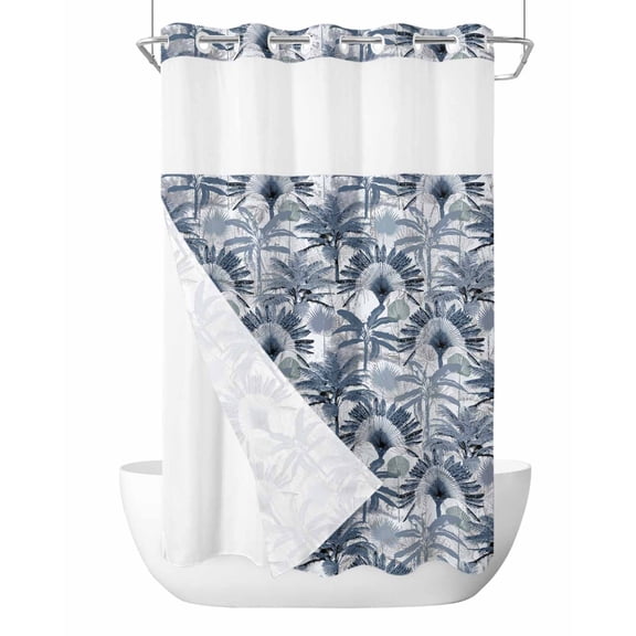 No Hook Blue Tropical Leaves Shower Curtain with Snap in Liner Set, Summer Palm Trees Botanical Waterproof Fabric Bathroom Curtains with See Through Top Window, Hotel Style Small 36 x 72 Inch