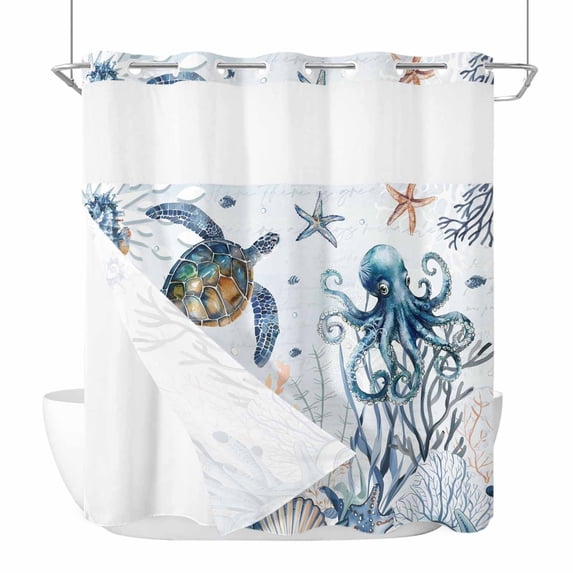 No Hook Blue Turtle Coastal Shower Curtain with Snap in Liner Set, Octopus Summer Beach Coral Starfish Seahorse Waterproof Bathroom Curtains with See Through Top Window, Standard 72 x 72 Inch