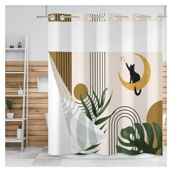 No Hook Bohemian Cat Shower Curtain Cat Catch Star Double Layer Bathtubs Hotel Curtain Set Boho Style Modern Fashion Double Layers Waterproof Fabric with See Through Top Window 71x74 Inch