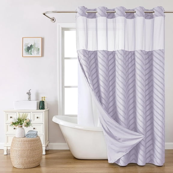 No Hook Boho Farmhouse Shower Curtain with Snap-in Fabric Liner set-71Wx74H(72H),Tufted Chevron Striped Hotel Grade Cloth Shower Curtains for Bathroom with Window,Water Repellent,Lavender