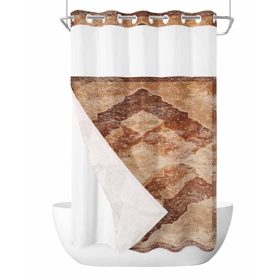 No Hook Brown Abstract, Shower Curtain with Snap in Liner Set, Contemporary Vintage Geometric Flower Waterproof Fabric Bathroom Curtains with See Through Top Window, Hotel Style Small 36 x 72 Inch