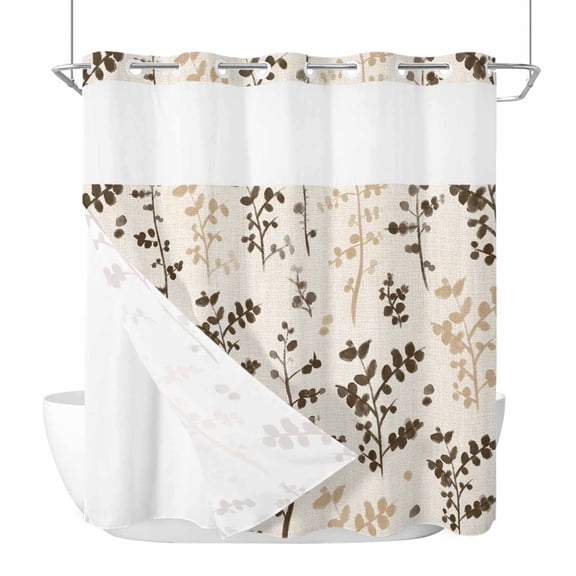 No Hook Brown Beige Botanical Shower Curtain with Snap in Liner Set, Rustic Country Spring Floral Summer Leaf Waterproof Bathroom Curtains with See Through Top Window, Hotel Style Modern 66 x 72 Inch