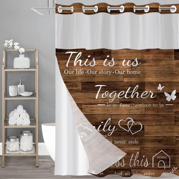 No Hook Brown Family Shower Curtain with Snap-in Polyester Liner Set, Family Shower Curtain for Bathroom, See Through Top Bath Curtain, & Machine Washable, 72 x 75 Inch