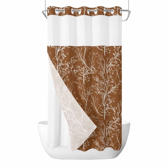 No Hook Burnt Orange Botanical Shower Curtain with Snap in Liner Set, Vintage Floral Plants Branch Waterproof Fabric Bathroom Curtains with See Through Top Window, Hotel Style Small 36 x 72 Inch