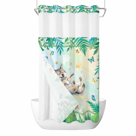 No Hook Cartoon Animal Shower Curtain with Snap in Liner Set, Funny Wolf Summer Tropical Palm Plants Waterproof Fabric Bathroom Curtains with See Through Top Window, Hotel Style Small 36 x 78 Inch