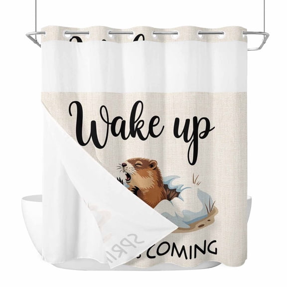 No Hook Cartoon Groundhog Shower Curtain with Snap in Liner Set, Wake Up Spring Is Coming Country Waterproof Fabric Bathroom Curtains with See Through Top Window, Hotel Style Standard 72 x 72 Inch