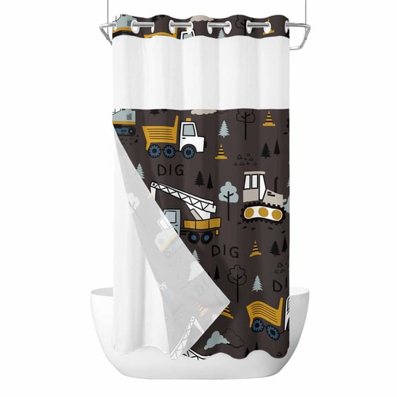 No Hook Cartoon Tractor Shower Curtain with Snap in Liner Set, Cute Grey Digger Shovel Truck Car Black Waterproof Fabric Bathroom Curtains with See Through Top Window, Hotel Style Small 36 x 78 Inch