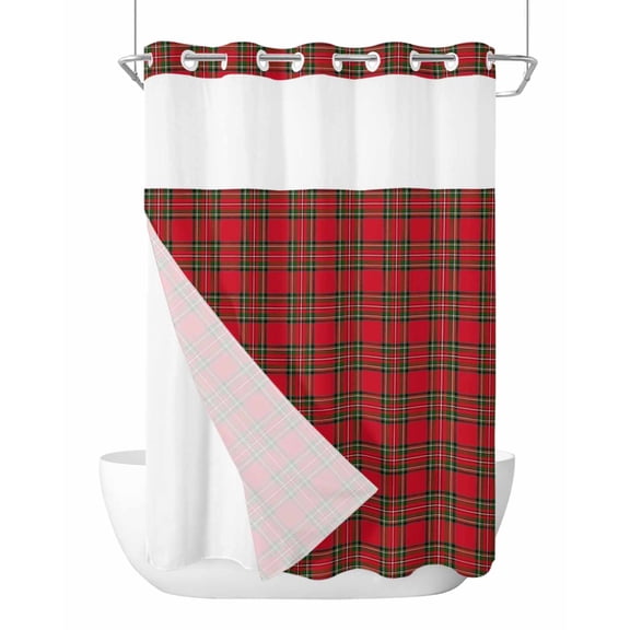 No Hook Christmas, Shower Curtain with Snap in Liner Set, Country Rustic Red Green Buffalo Lattice Waterproof Fabric Bathroom Curtains with See Through Top Window, Hotel Style Stall 48 x 72 Inch