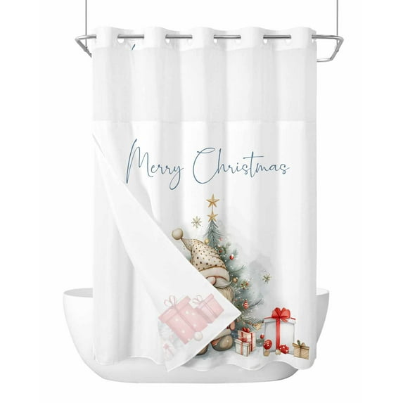 No Hook Christmas Shower Curtain with Snap in Liner Set, Xmas Gnomes Tree Snowflake Waterproof Fabric Bathroom Curtains with See Through Top Window, Hotel Style Stall 48 x 72 Inch