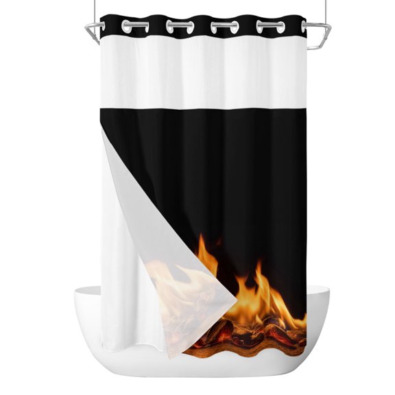 No Hook Cloth Fabric Shower Curtain with Snap in Liner, Abstract Yellow Flame Waterproof Shower Curtains Set with See Through Top Window, Flickering Fire Pattern Black Bath Curtains Shower 36"x72"