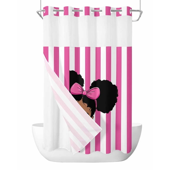 No Hook Cloth Fabric Shower Curtain with Snap in Liner, African Girl Waterproof Shower Curtains Set with See Through Top Window, Afro American Black Girl with Bubble Pink Stripes 36"x78"
