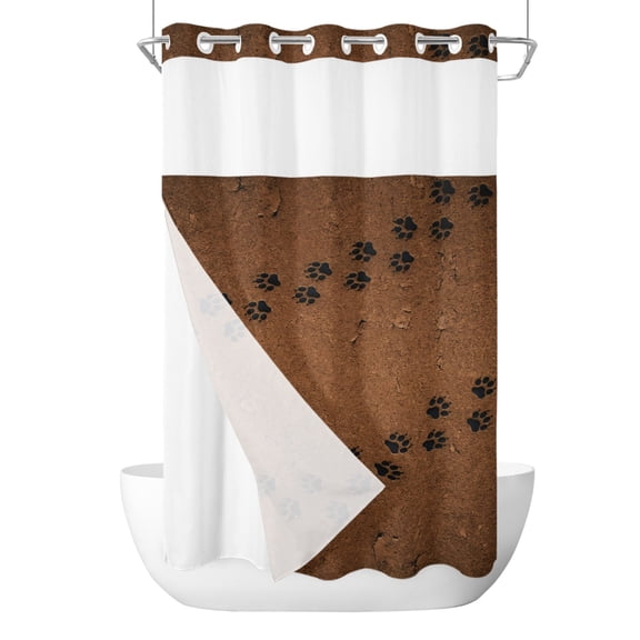 No Hook Cloth Fabric Shower Curtain with Snap in Liner, Animal Paw Prints Waterproof Shower Curtains Set with See Through Top Window, Cute Pet Footprints Mud Minimalist Brown Bath Curtains 36"x72"