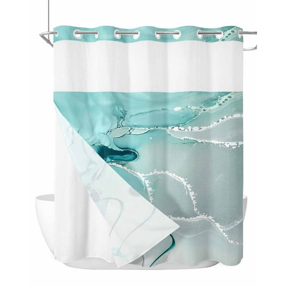 No Hook Cloth Fabric Shower Curtain with Snap in Liner, Aqua Marble Waterproof Shower Curtains Set with See Through Top Window, Modern Abstract Gradient Water Fluid Art Bath Curtains Shower 72"x72"